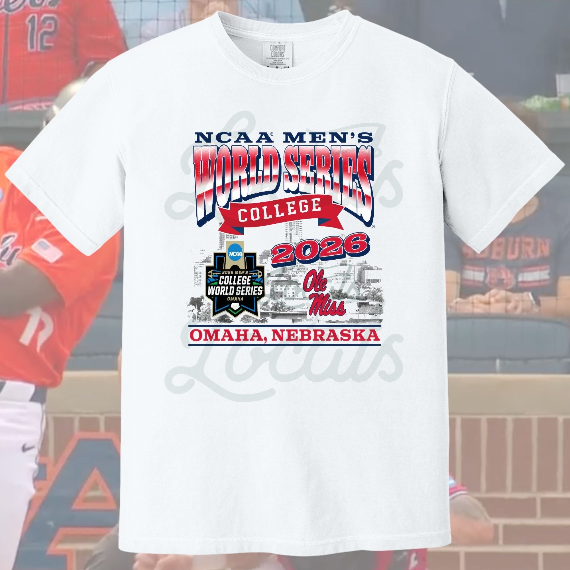 Vintage-inspired 2026 College World Series baseball shirt featuring Omaha, Nebraska skyline artwork and Ole Miss baseball design printed on a Comfort Colors t-shirt.