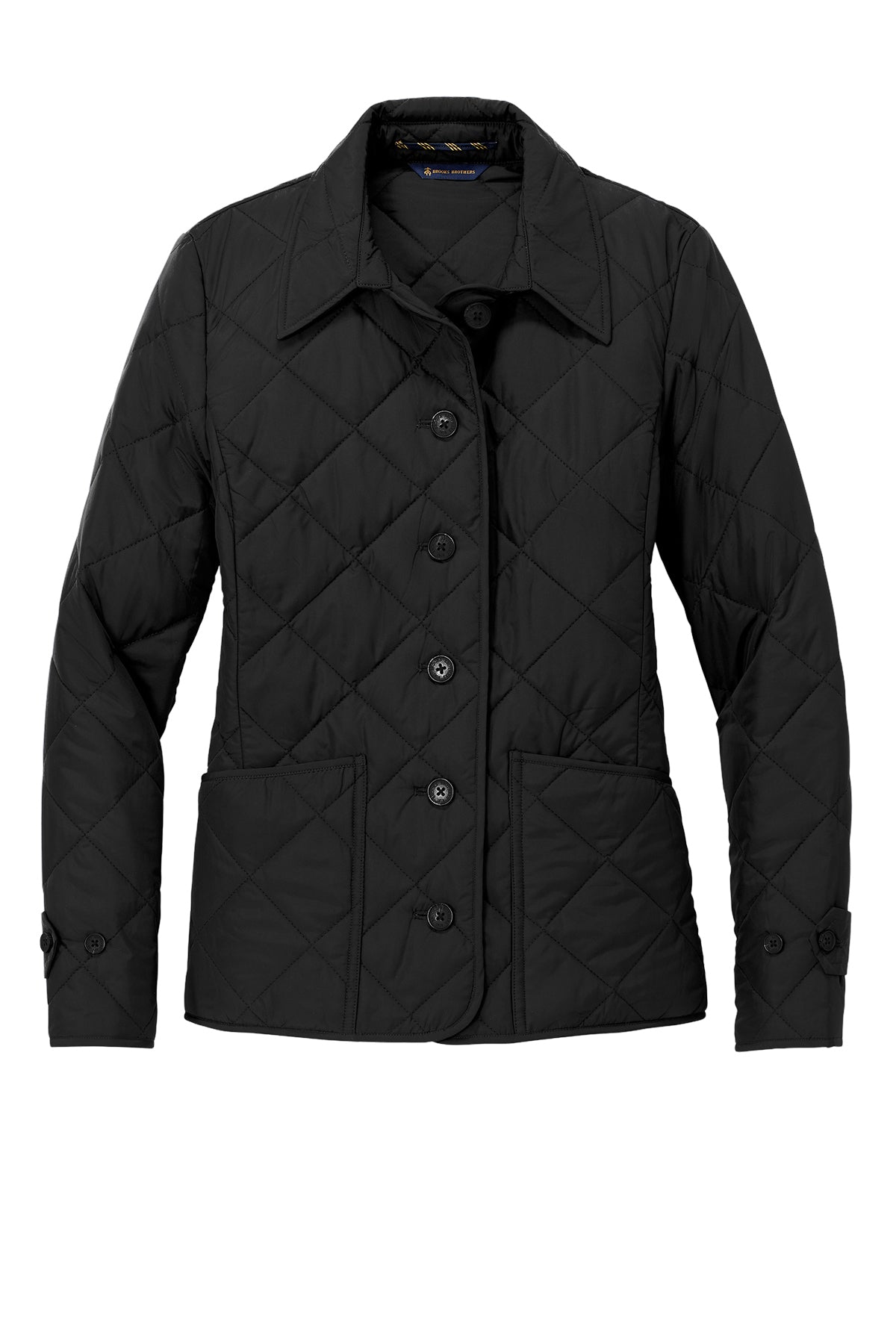Black quilted jacket on a white background