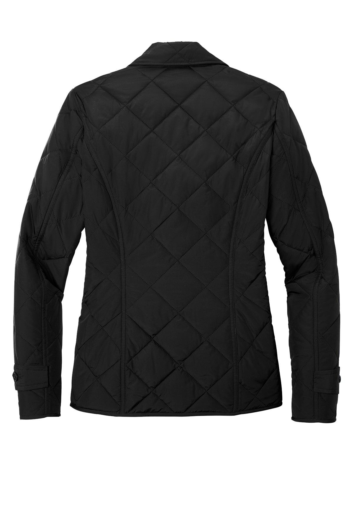 Black quilted jacket on a white background