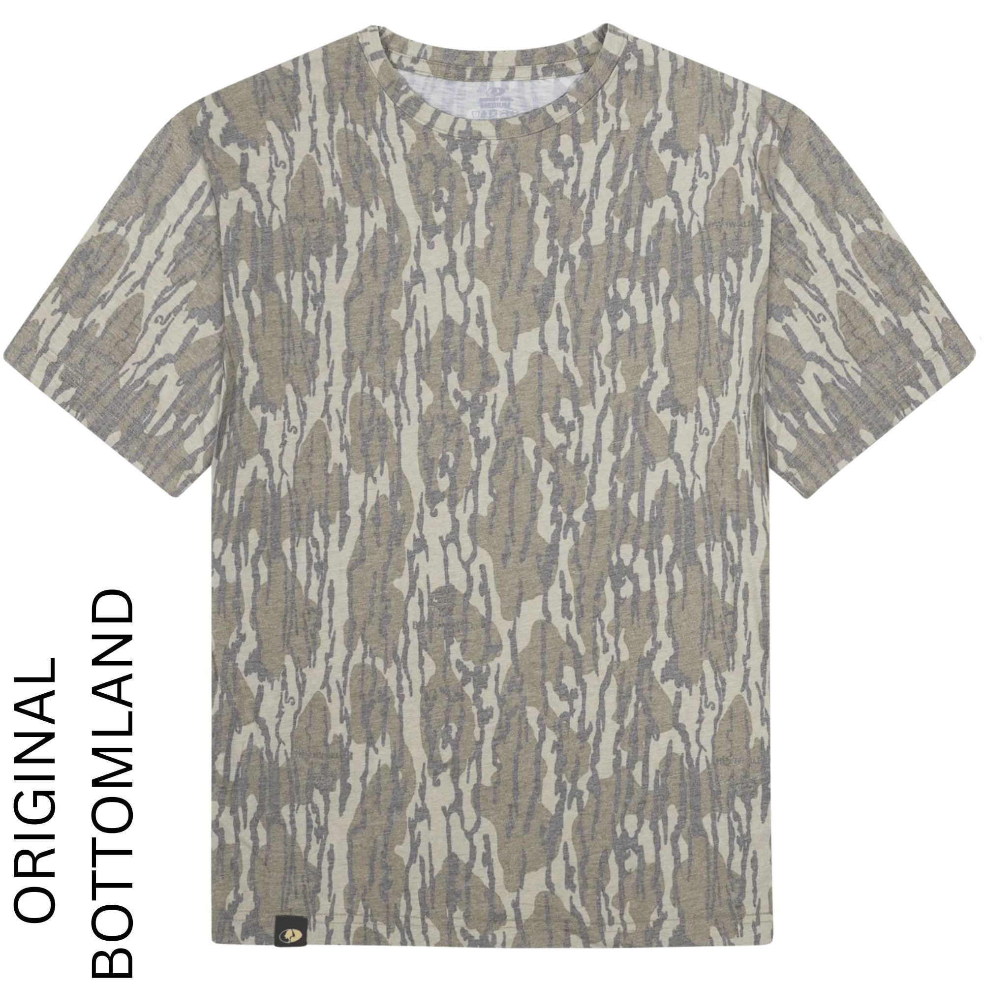 A short-sleeve crewneck t-shirt featuring an abstract vertical wavy pattern in muted beige, gray, and olive green tones. The shirt is displayed flat against a white background with vertical text on the left side reading 'ORIGINAL BOTTOMLAND'.