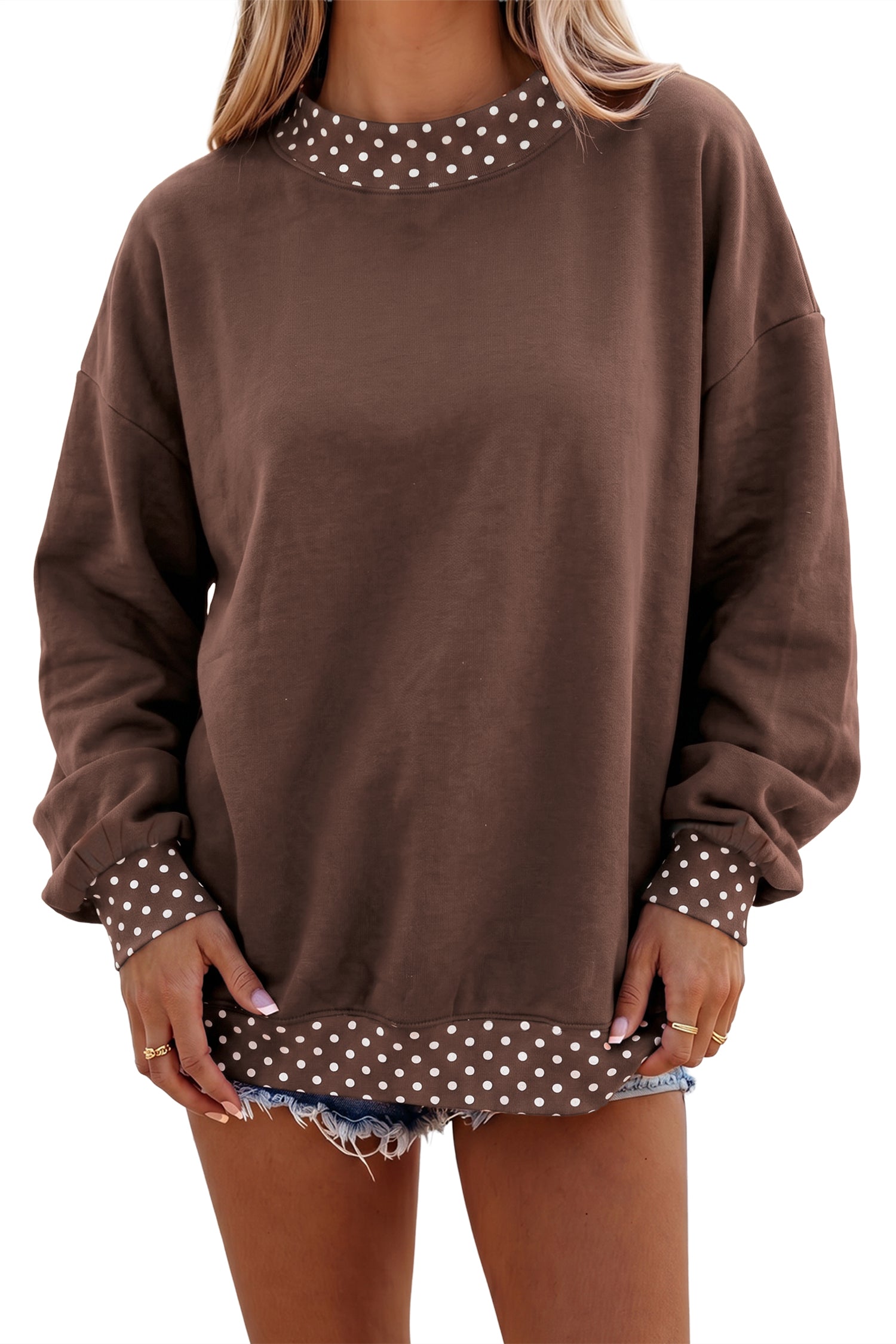 Dark Green Colorblock Polka Dot Contrast Trim Oversized Sweatshirt