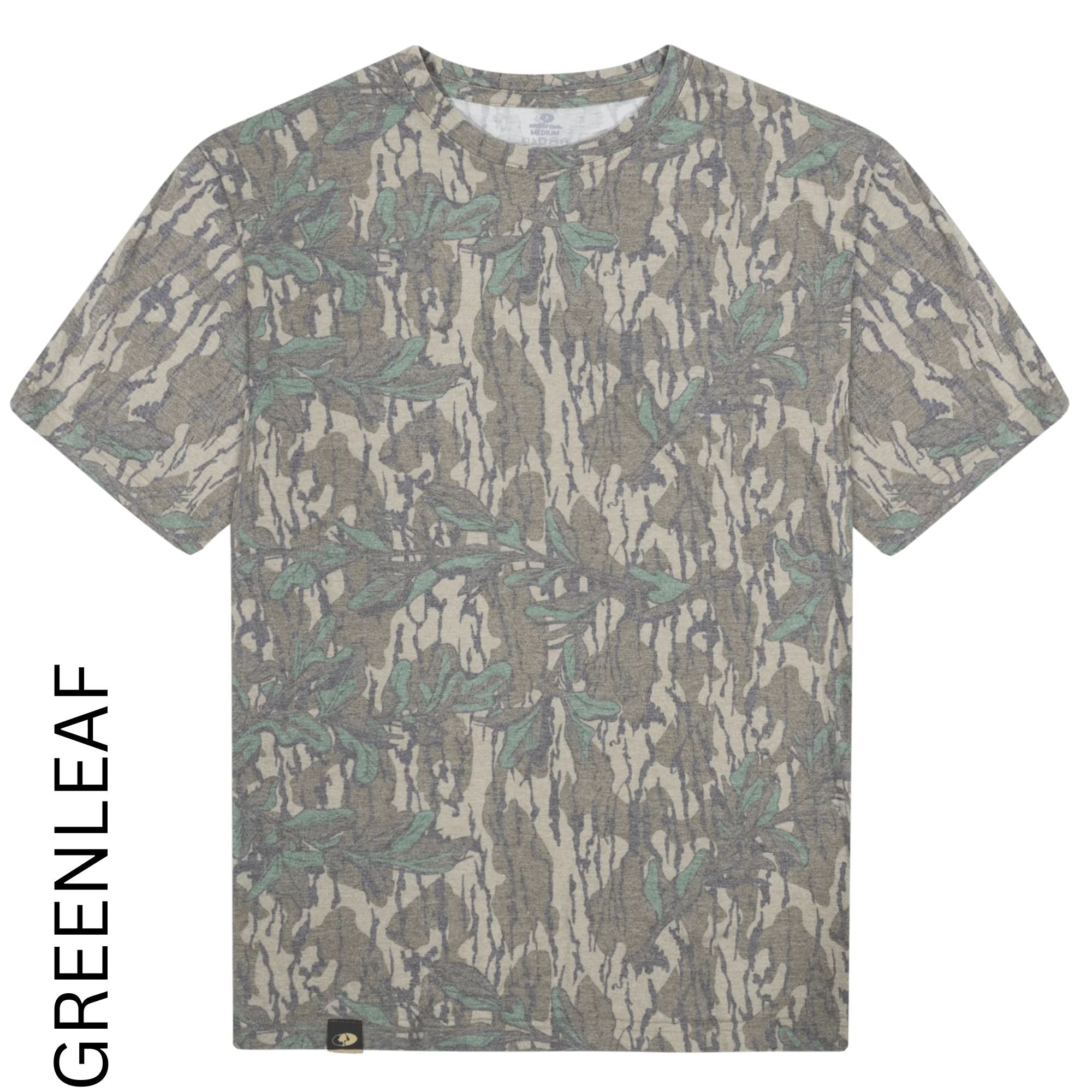 A short-sleeve crewneck t-shirt featuring a greenleaf brand camouflage pattern with green leaves over a textured beige and gray bark design, shown flat on a white background with 'GREENLEAF' text on the left.