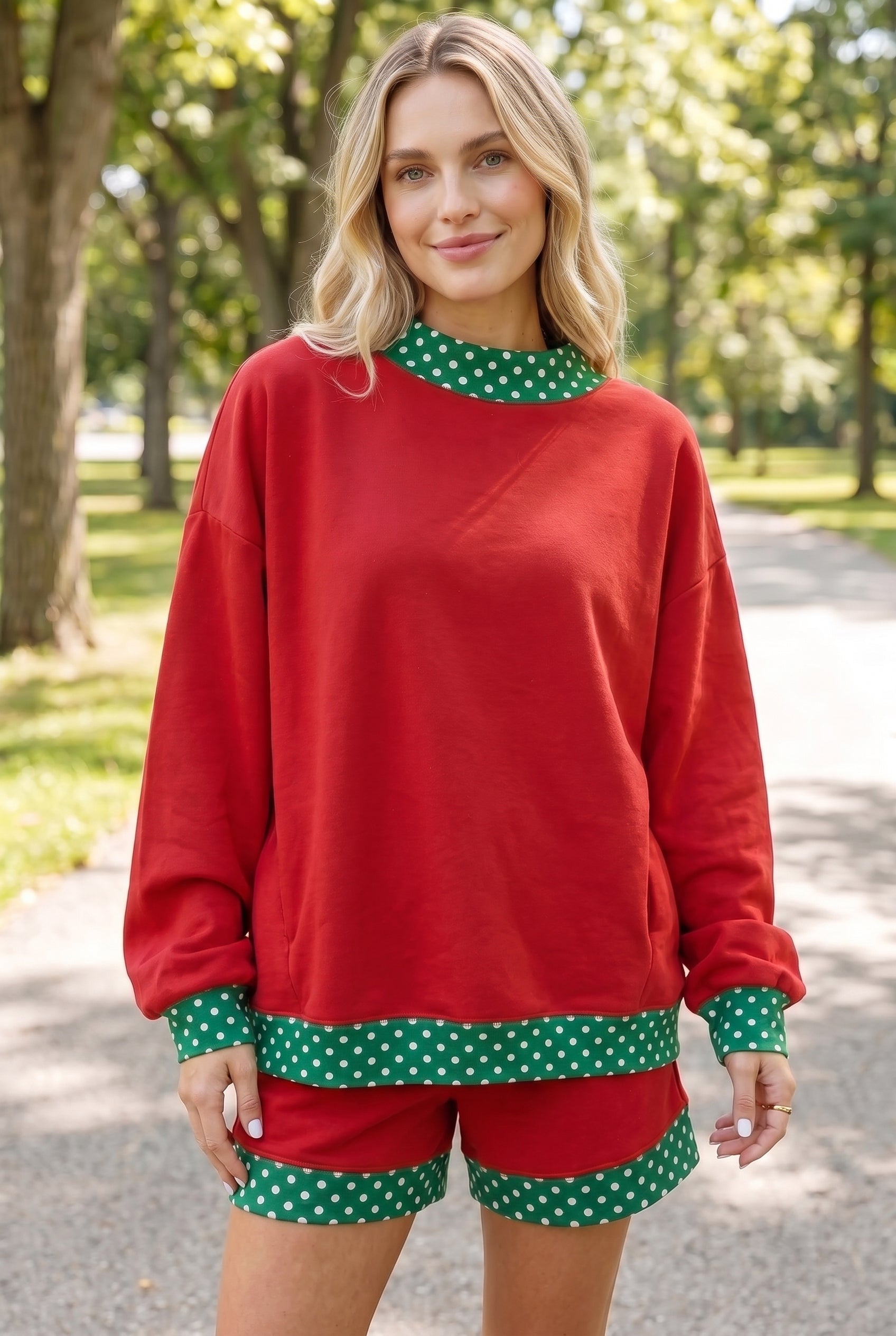 Fiery Red Gingham Trim Baggy Pullover 2pcs Short Set