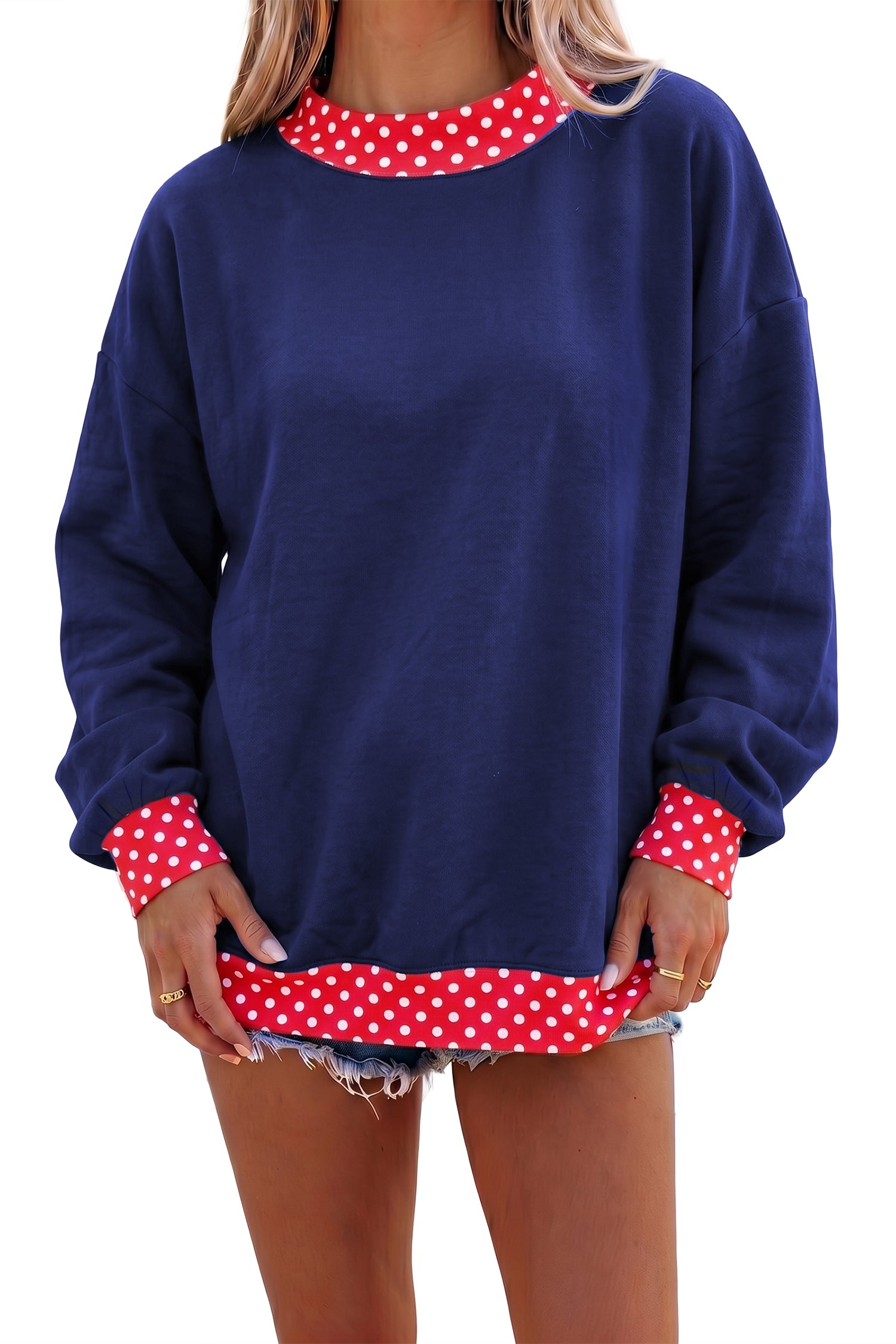Dark Green Colorblock Polka Dot Contrast Trim Oversized Sweatshirt