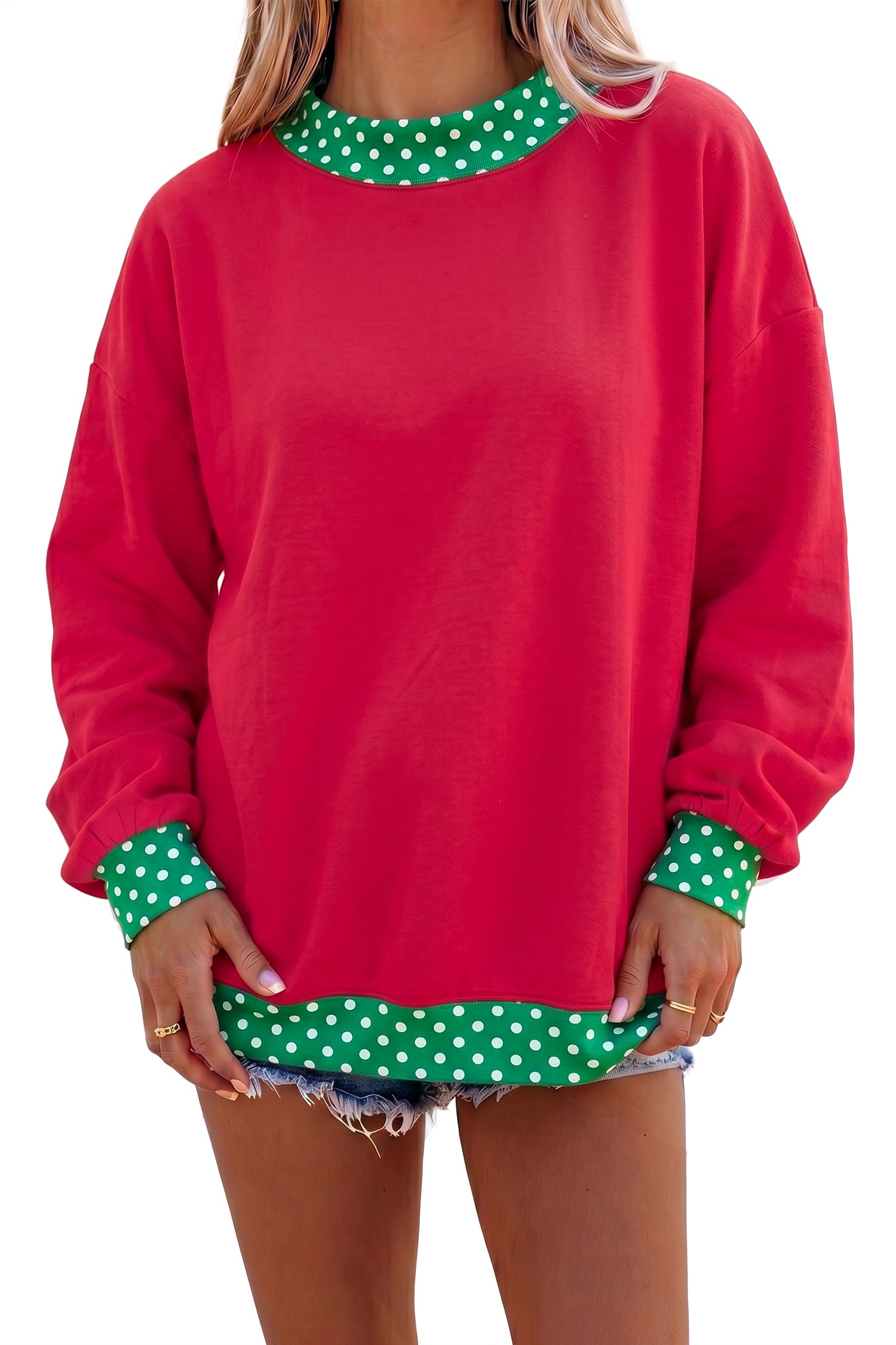 Dark Green Colorblock Polka Dot Contrast Trim Oversized Sweatshirt
