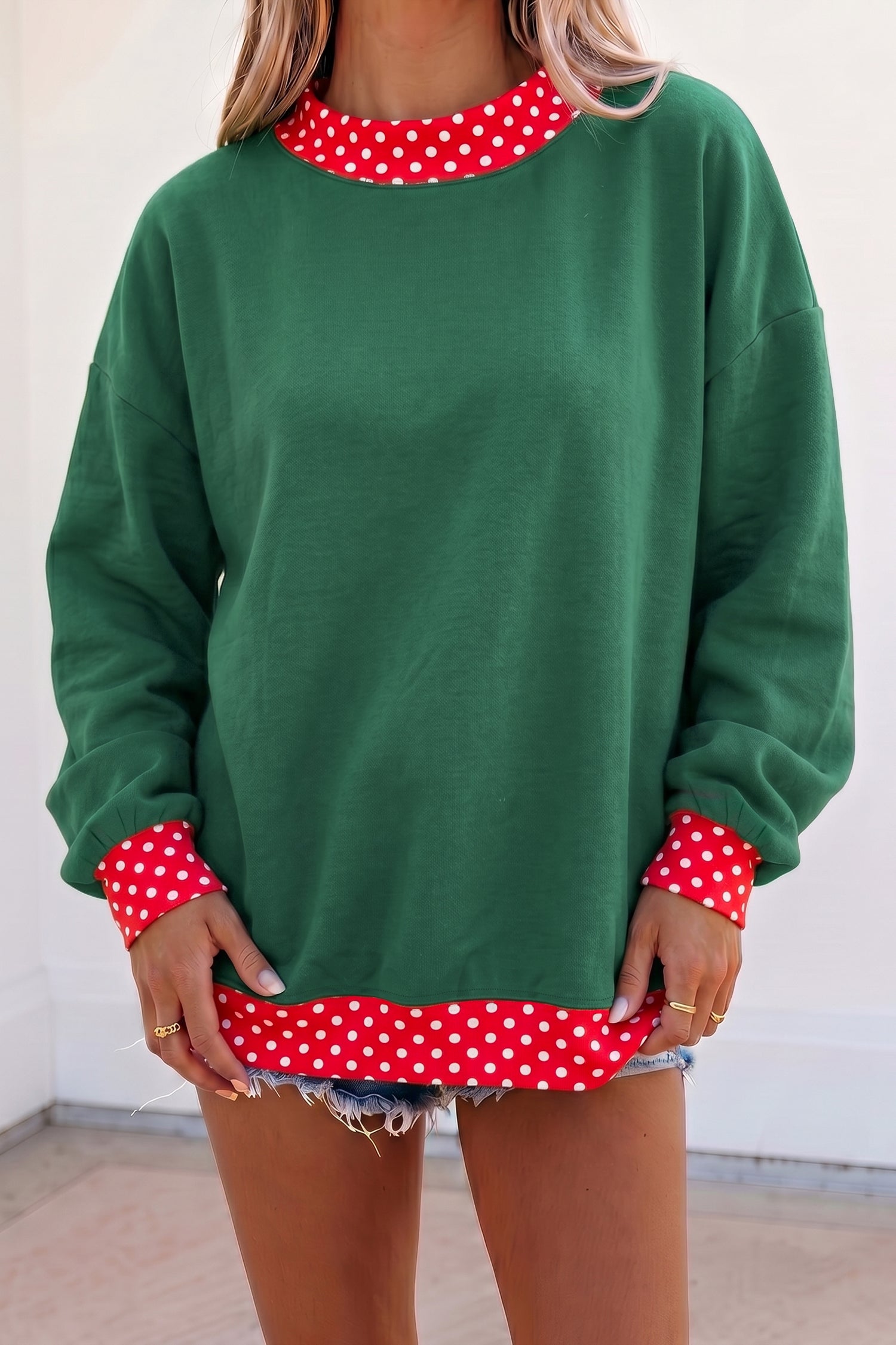Dark Green Colorblock Polka Dot Contrast Trim Oversized Sweatshirt