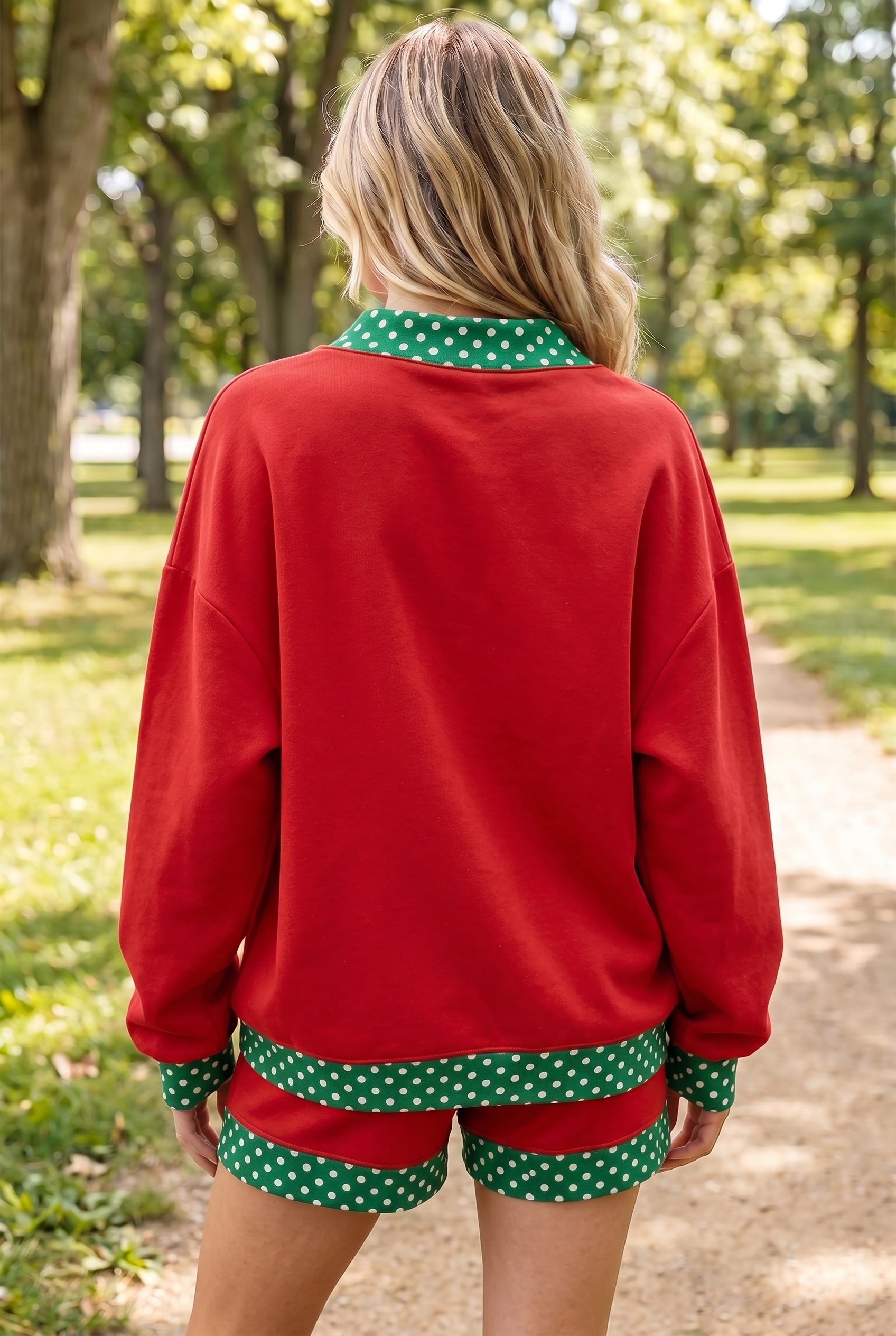 Fiery Red Gingham Trim Baggy Pullover 2pcs Short Set
