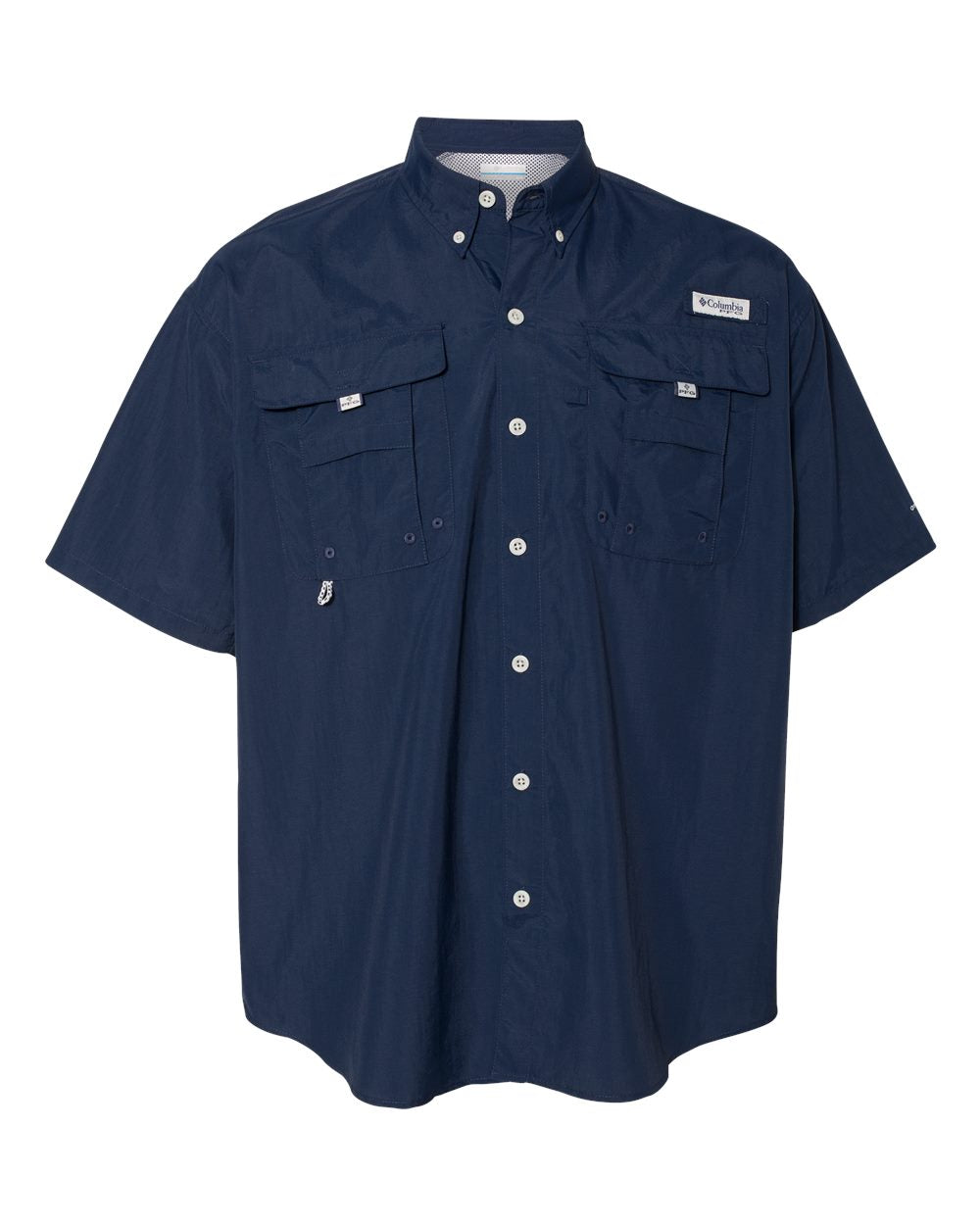 Navy blue short-sleeve shirt with button details on a white background