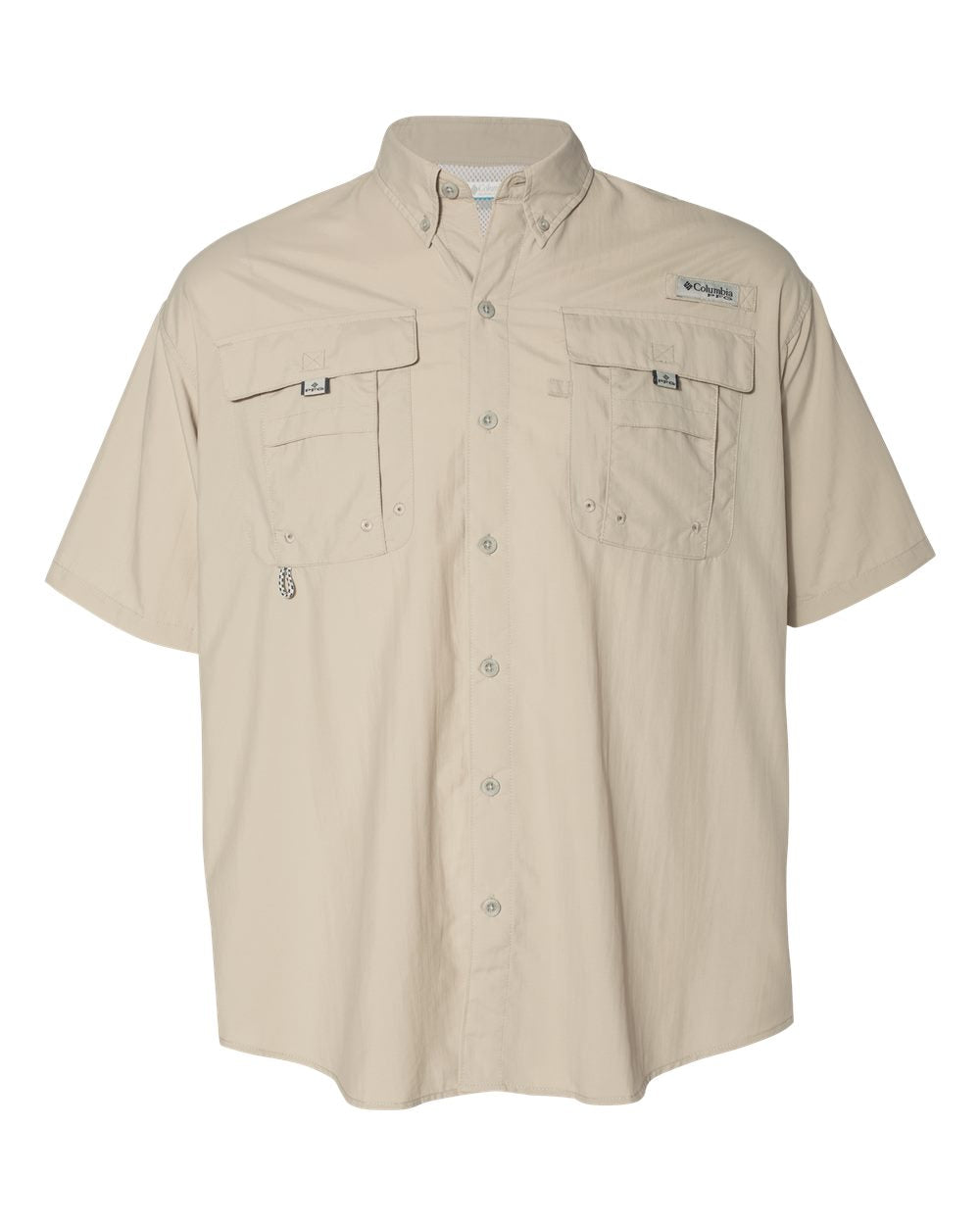 Beige short-sleeve shirt with Columbia logo on a white background