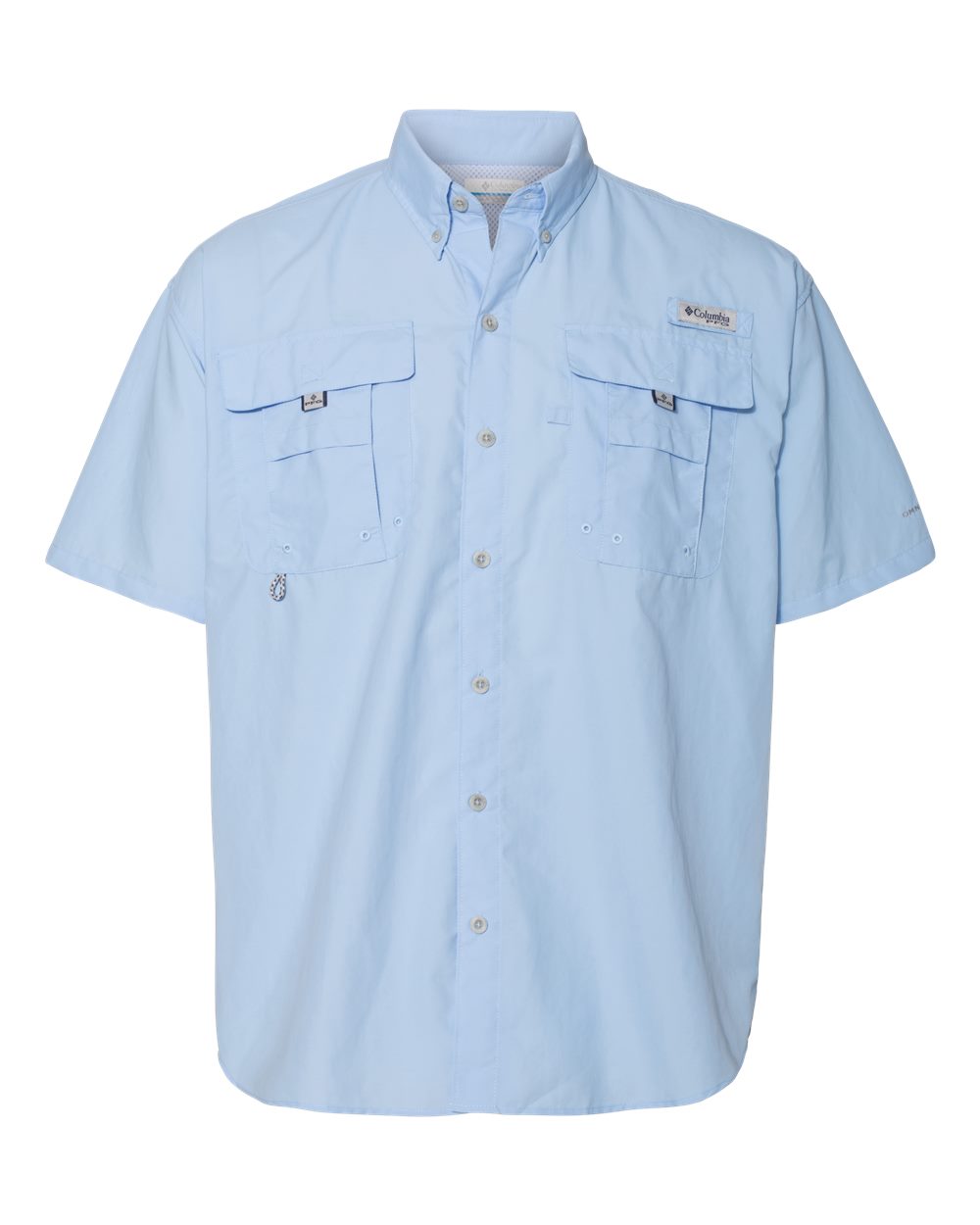 Light blue short-sleeve shirt with Columbia logo on a white background