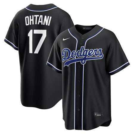 Black baseball jersey with 'Dodgers' and number '17' on a white background