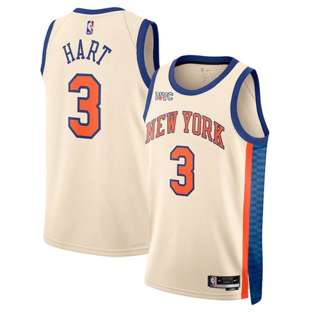 Beige basketball jersey with 'Hart' and number '3', featuring New York Knicks branding.