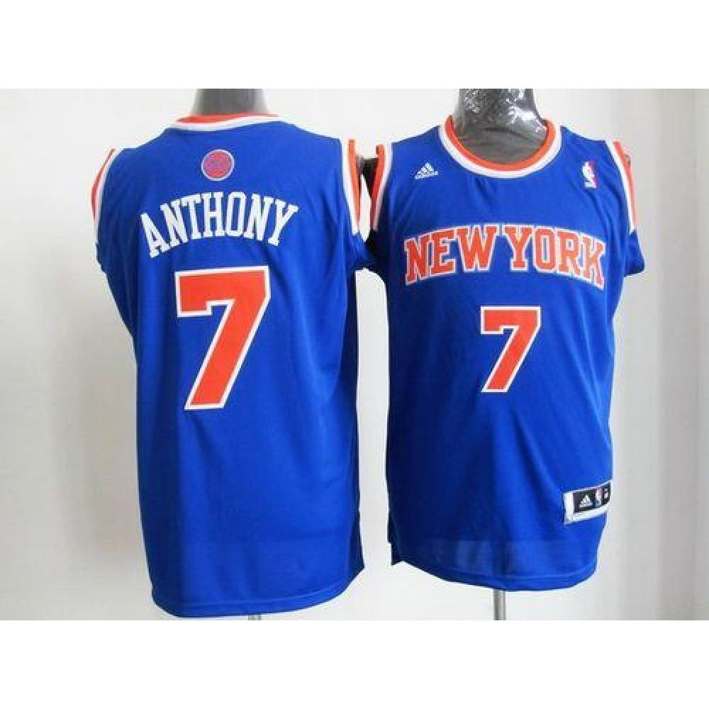 Blue basketball jersey with 'Anthony' and number '7' on a mannequin against a white background