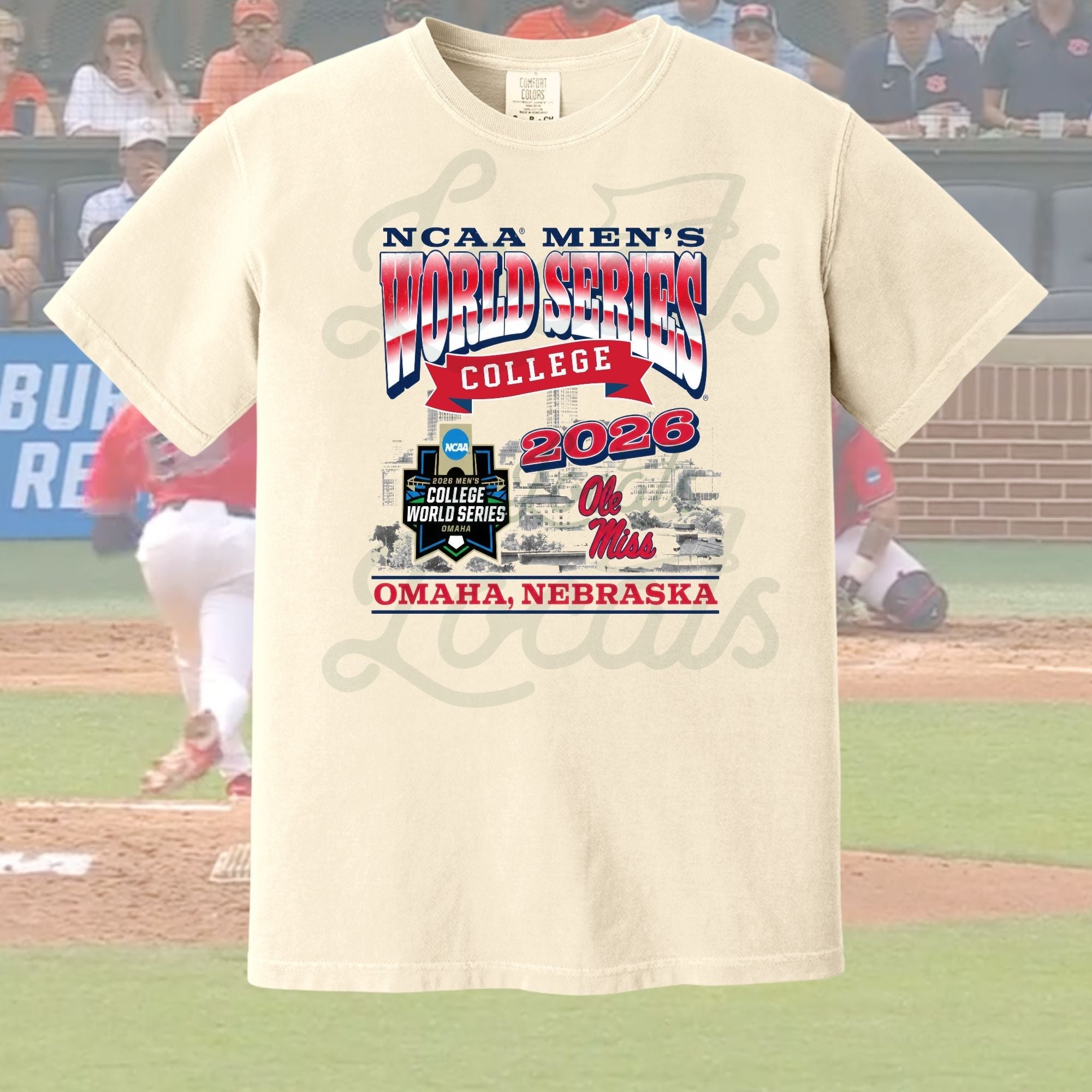 Vintage-inspired 2026 College World Series baseball shirt featuring Omaha, Nebraska skyline artwork and Ole Miss baseball design printed on a Comfort Colors t-shirt.