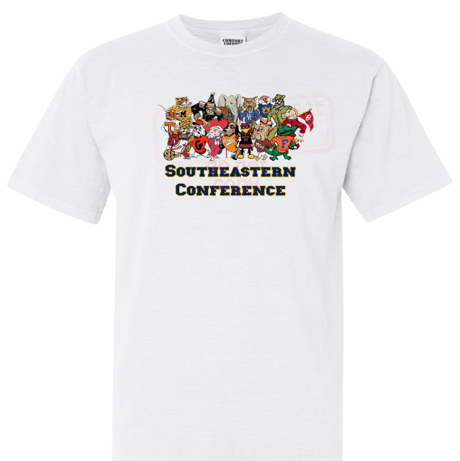 White t-shirt with cartoon mascot  and 'Southeastern Conference' text on a white background