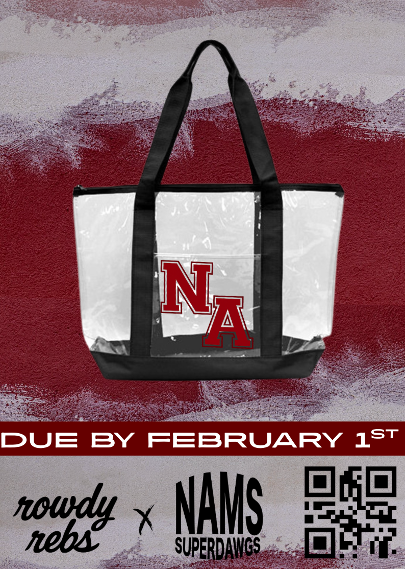 Clear tote bag with red and black 'NA' logo on a textured red and gray background, featuring 'rowdy rebs' and 'NAMS SUPERDAWGs' text.