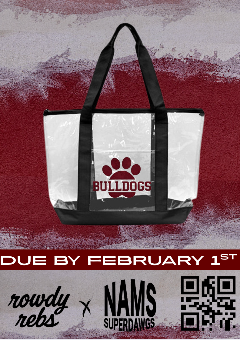 Clear tote bag with black handles featuring a bulldog logo on a red and gray background, with text and branding elements.