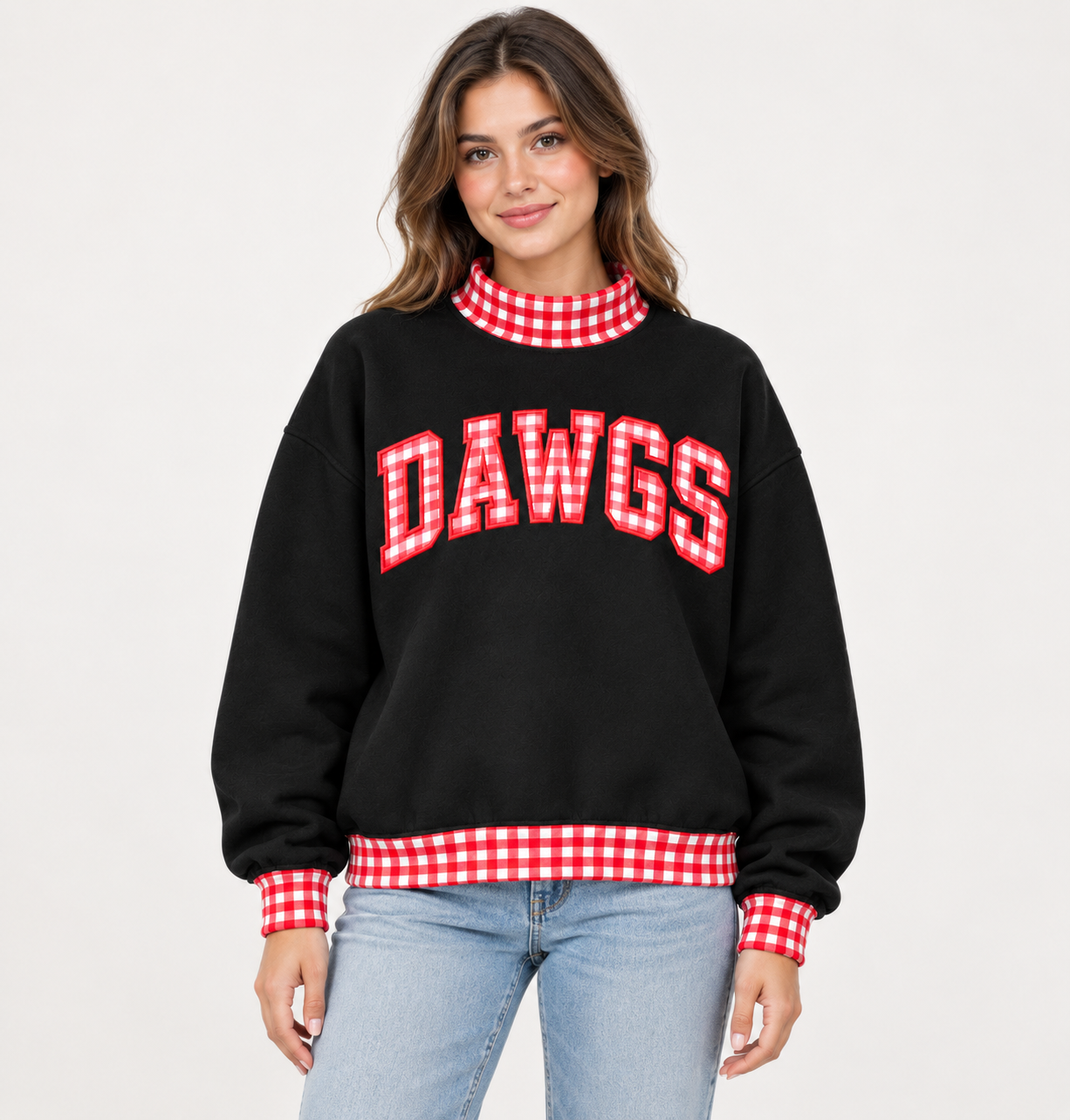 UGA Dawgs - Mockneck for Ladies - University of Georgia Black with Red Gingham.