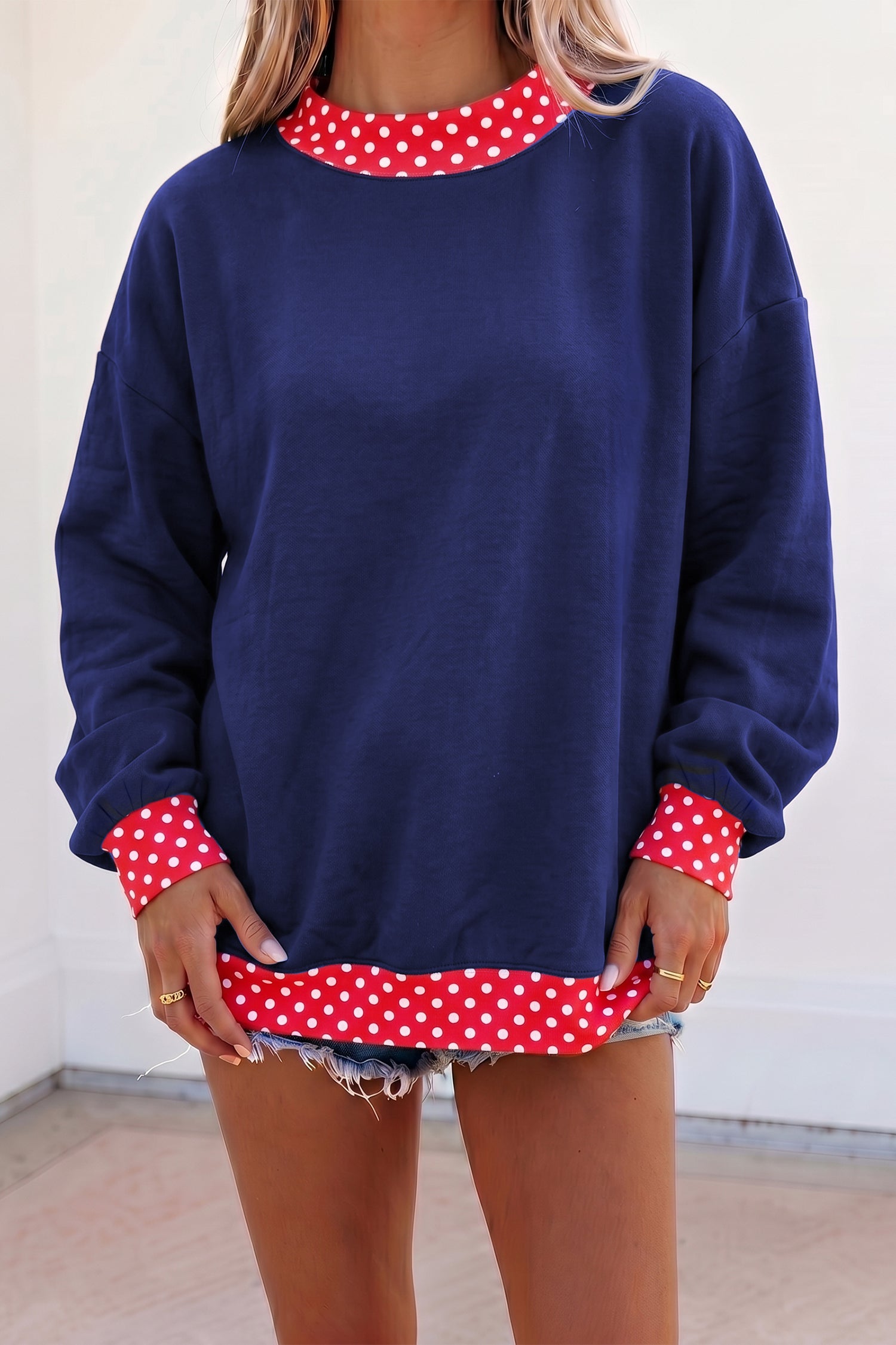 Dark Green Colorblock Polka Dot Contrast Trim Oversized Sweatshirt