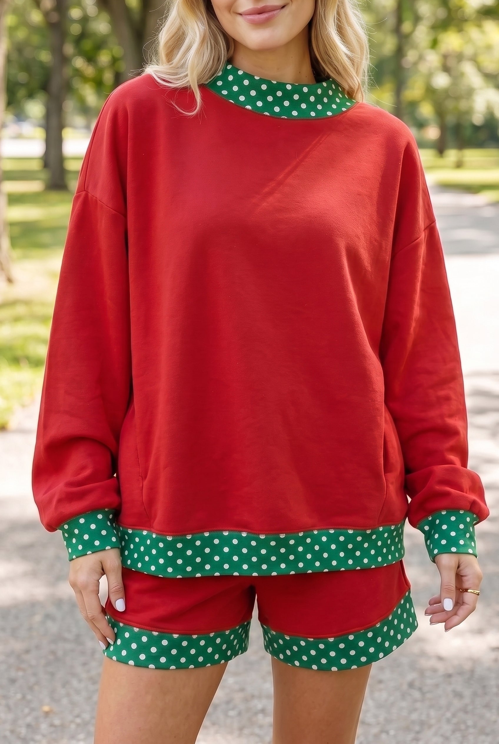 Fiery Red Gingham Trim Baggy Pullover 2pcs Short Set