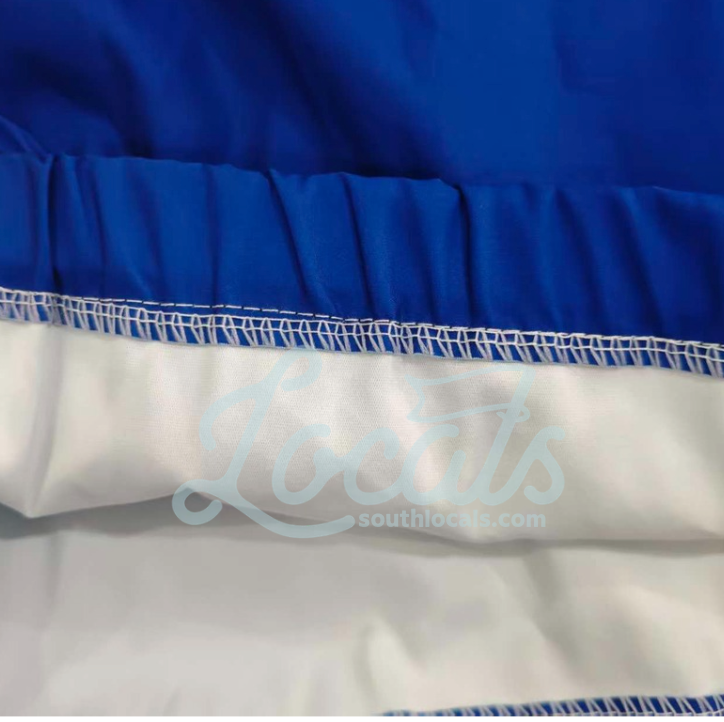 Close-up of a blue and white fabric with 'Locelts' branding.