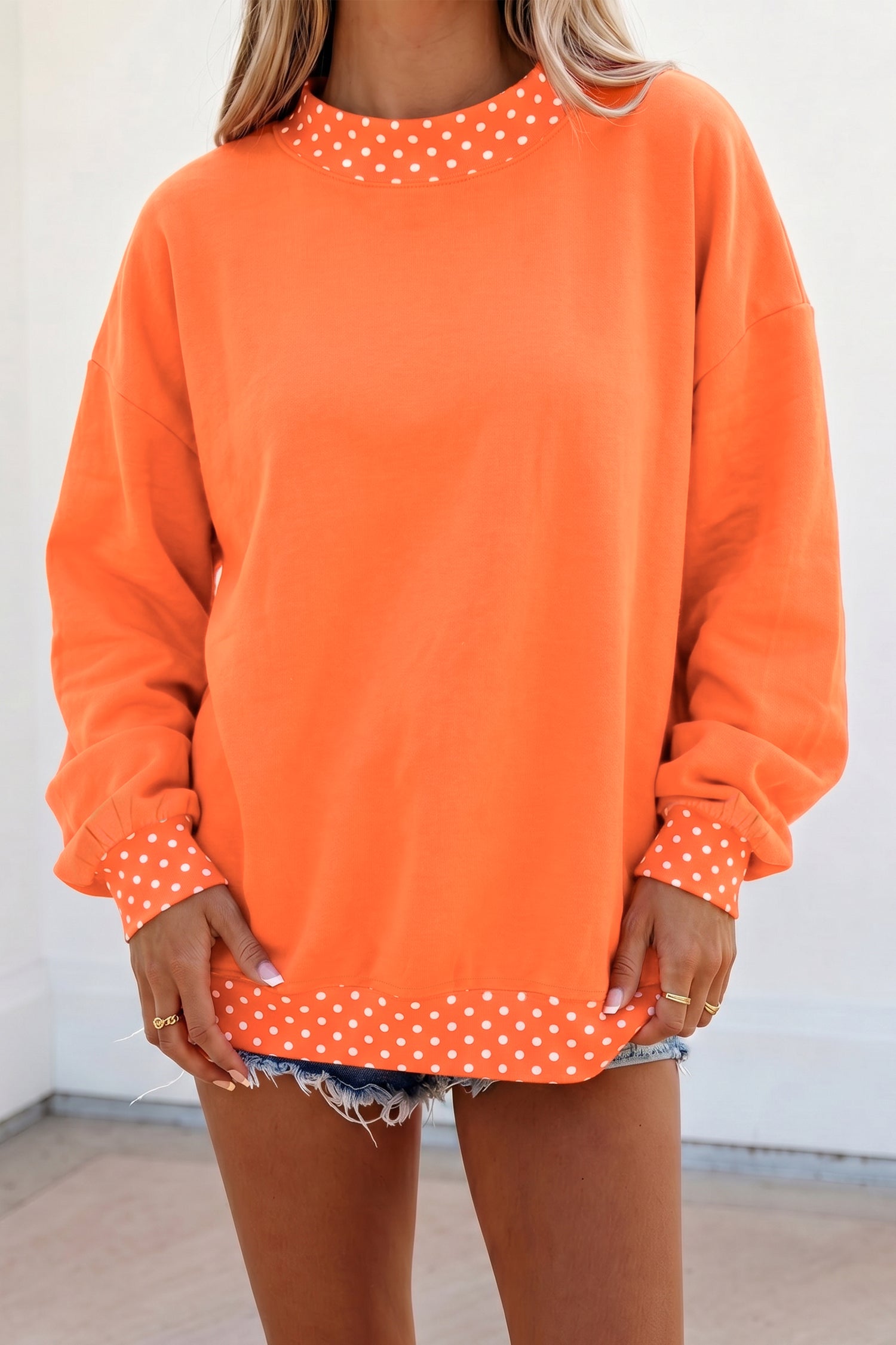 Dark Green Colorblock Polka Dot Contrast Trim Oversized Sweatshirt