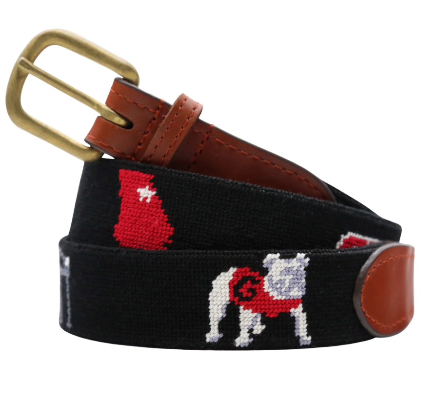 georgia bulldogs belt, go dawgs belt, uga needlepoint belt, sec belt, college football belt, georgia game day, bulldogs accessories, uga alumni gift, mens needlepoint belt, womens needlepoint belt, leather needlepoint belt, southern style belt, collegiate accessories, tailgate outfit, graduation gift, gift for dad, gift for boyfriend, christmas gift for him, rowdy rebs, uga fans
