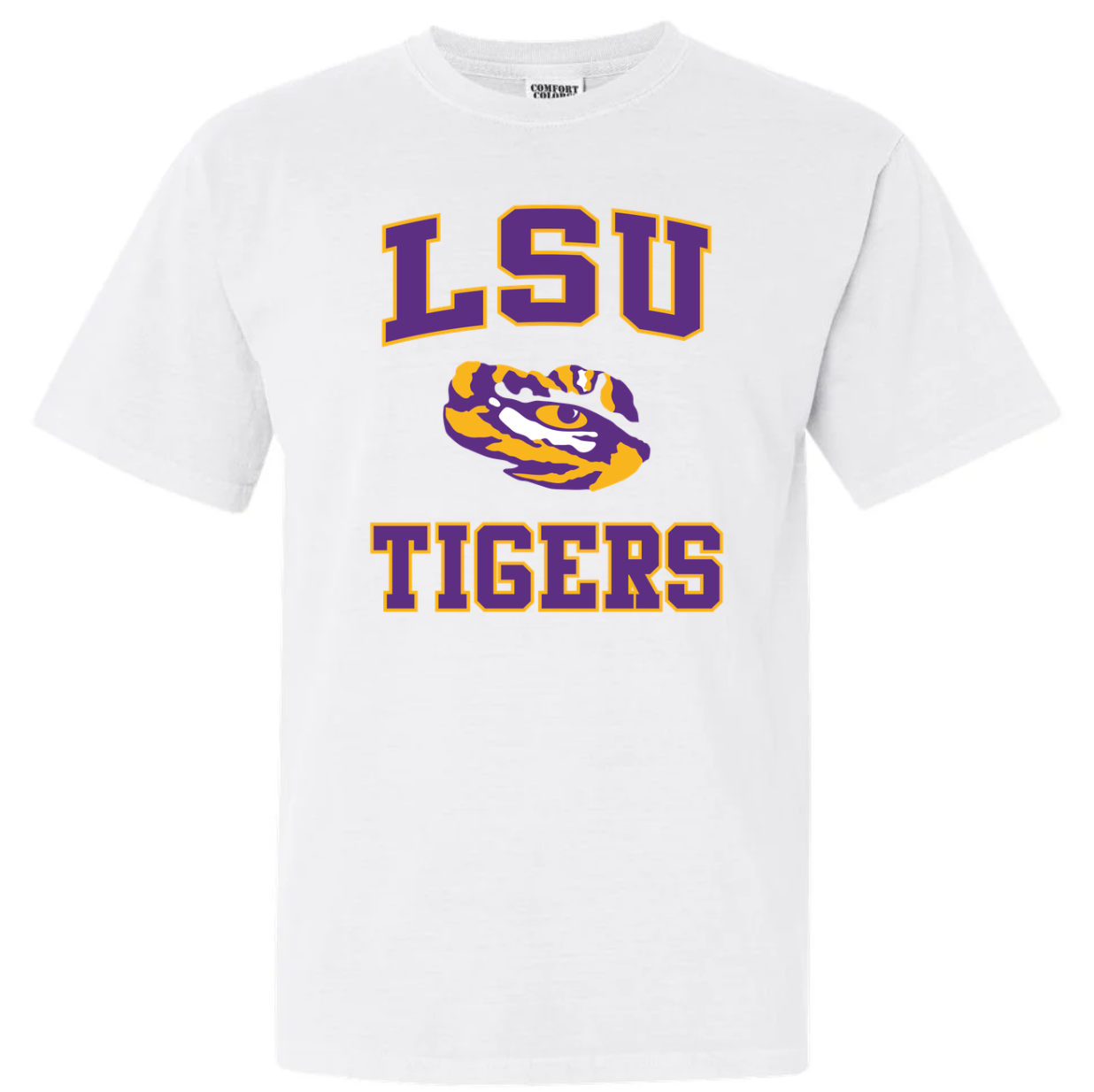 White t-shirt with LSU Tigers logo on a white background