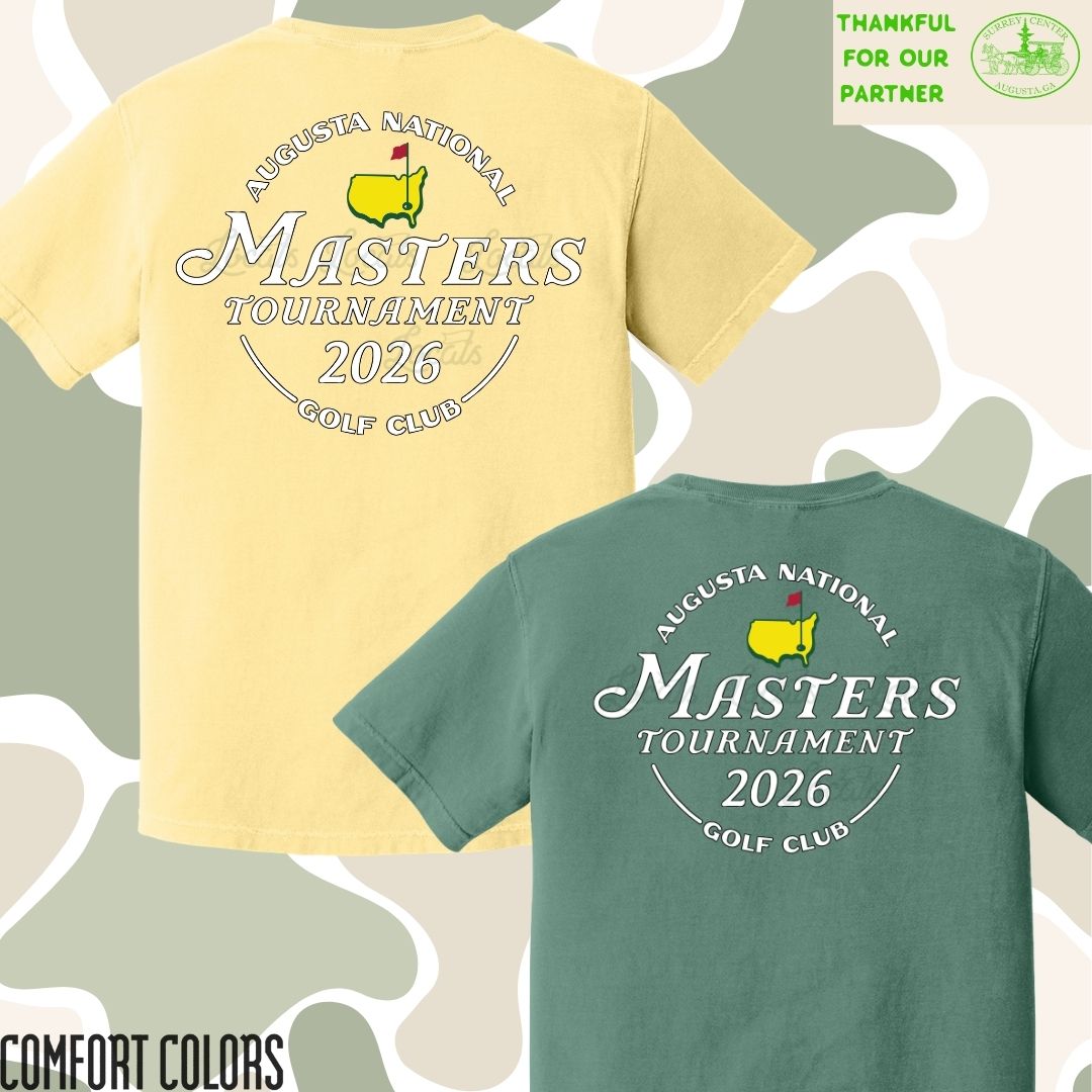 Two t-shirts with Augusta National Masters Tournament 2026 branding on a patterned background.