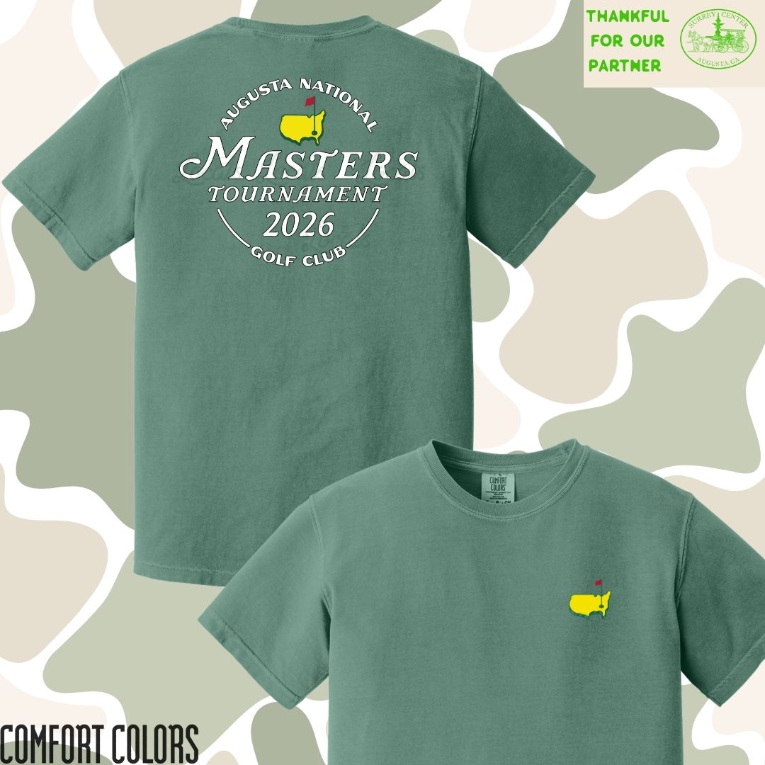 Green t-shirt with Augusta National Masters Tournament 2026 logo on a beige background