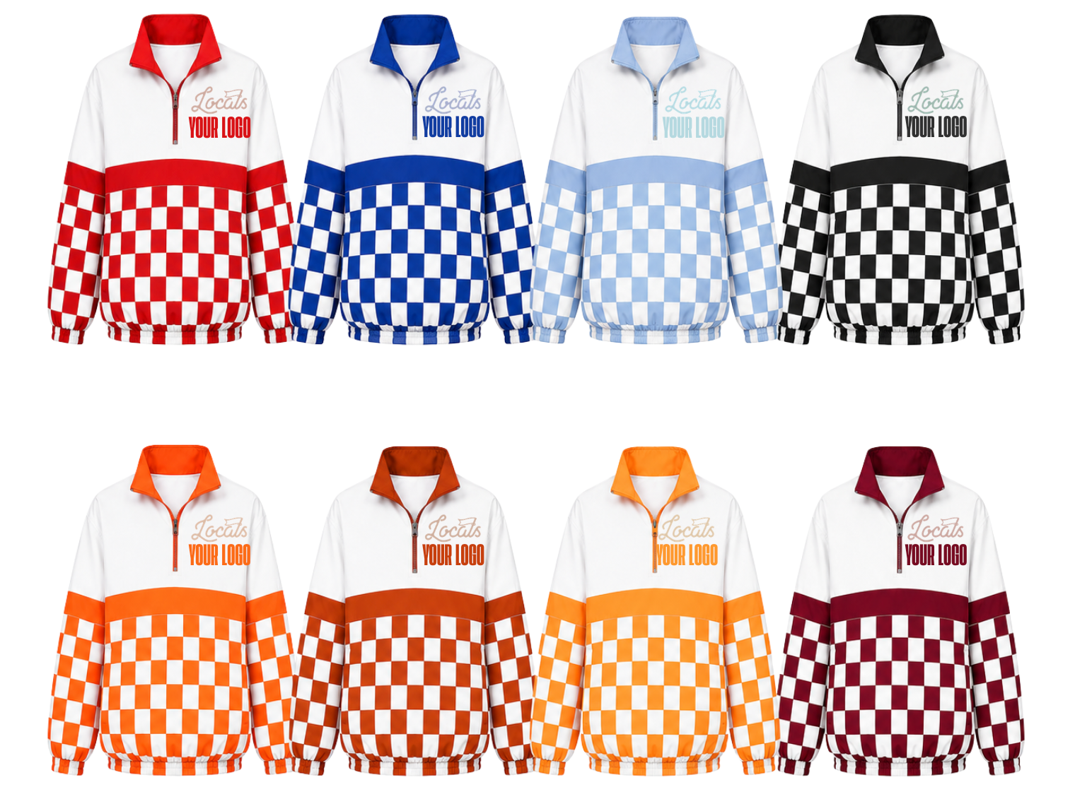 Collection of checkered and solid color jackets with customizable text on a white background