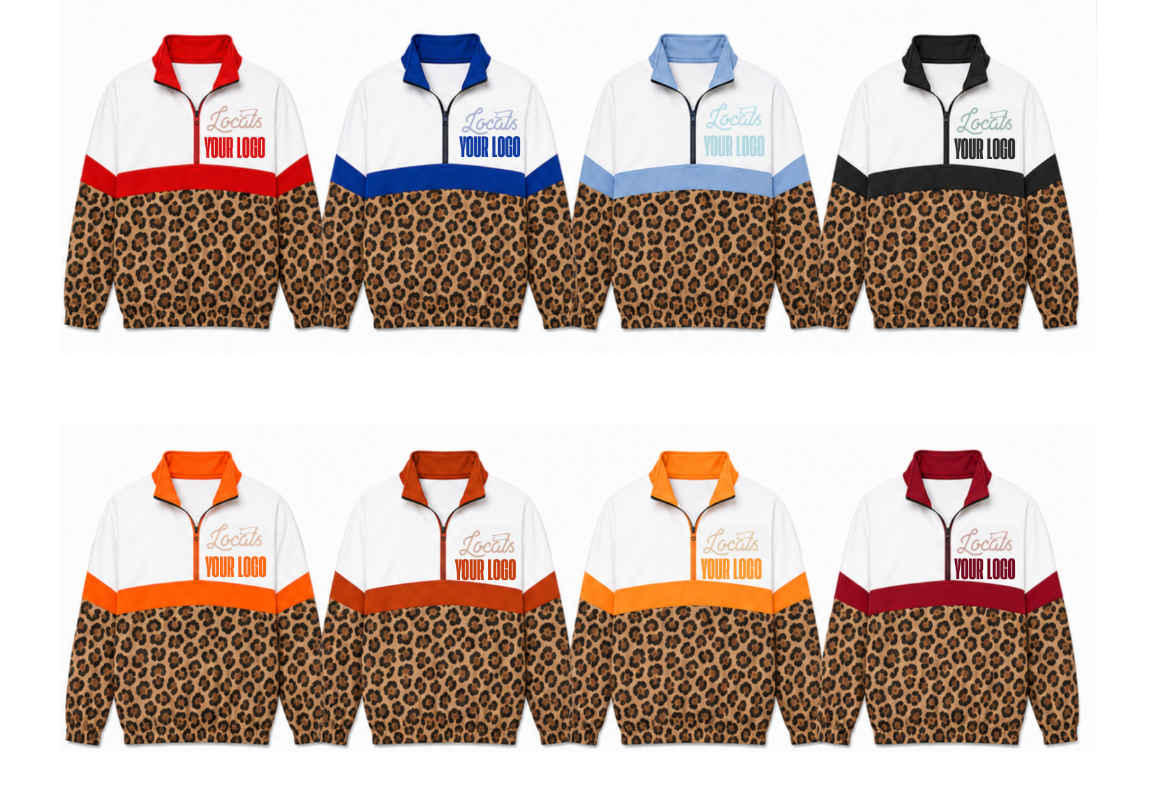 Set of leopard print jackets with color block designs on a white background